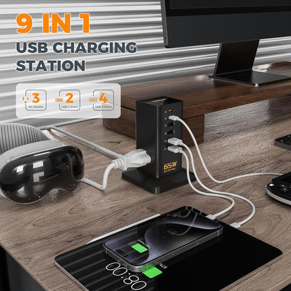 Charging Station for Multiple Devices, TESSAN 9-in-1 USB C Power Strip for iPhone 17/16/15, MacBook, Tablet, Desktop Phone Fast Charger with 3 AC, USB Charger, Home Drom Office Accessories, White-65W