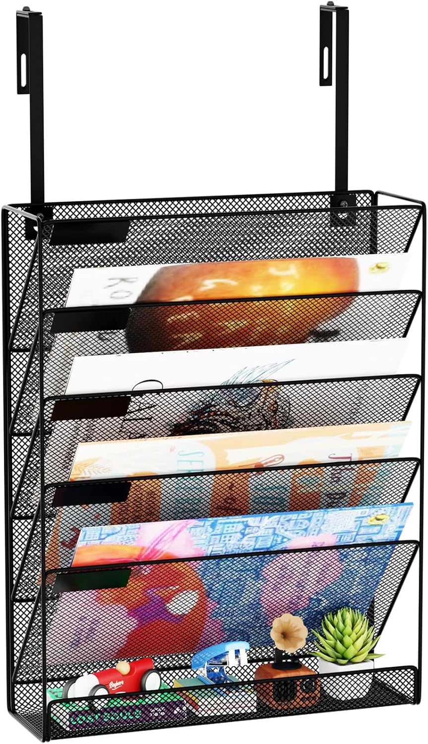 Wall File Organizer Holder Mesh Hanging Paper Document Holder,Vertical 6 Pocket Tier for Office Home, Black