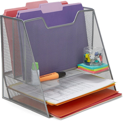 Mind Reader Metal Mesh Desktop File Organizer, 3-Tier Paper Tray with 5 Compartments, Office Mail Sorter, White