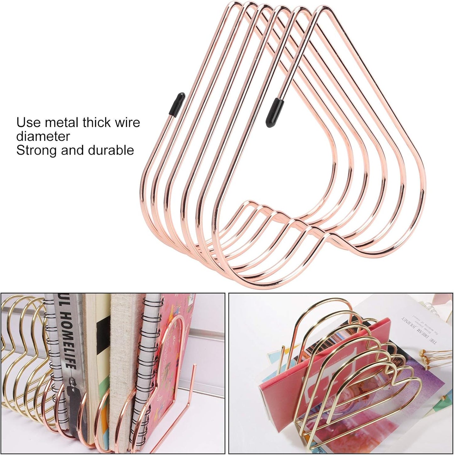 Watris Veiyi Files Folder Stand, Desktop Iron Storage Rack, Book Record Holder, Desktop Album Storage Rack, Vinyl Record Stand Holder, 5 Slot Heart Shaped File Holder for Desk (Rose Gold)