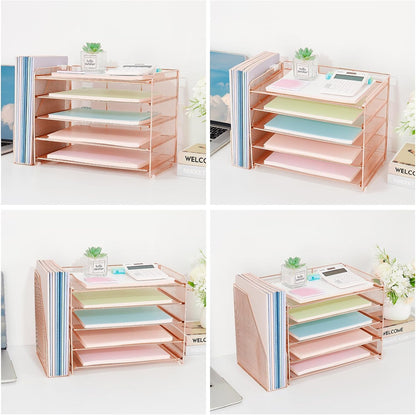 OPNICE Desk Organizer, 5-Tier Paper Organizer Letter Tray with Magazine Holder, Office Desk Accessories & Workspace Organizers, Desktop File Organizer for Office Supplies Storage, Black