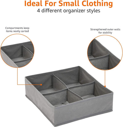 Amazon Basics Collapsible Cloth Drawer Organizer Boxes for Socks, Underwear and Baby Clothes, Storage Bins, Gray, Set of 6