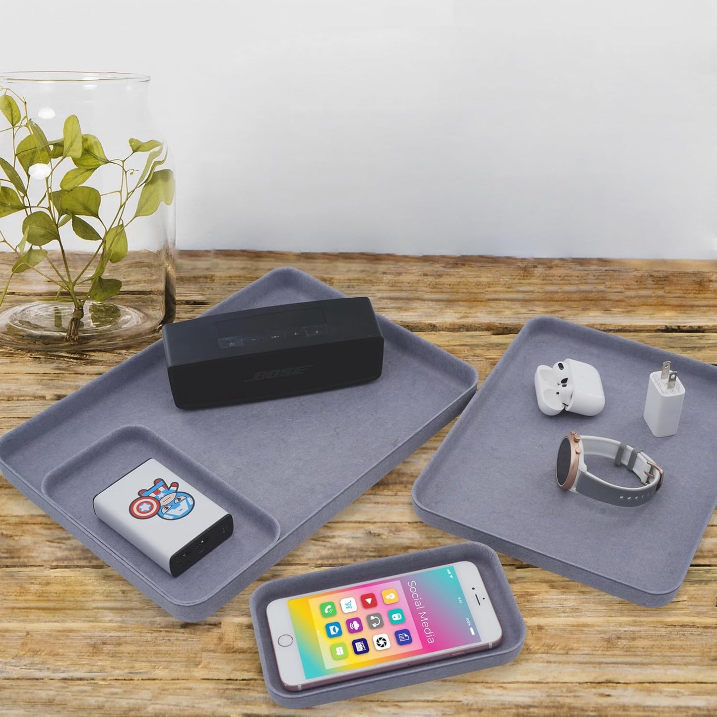 Welaxy EDC Catchall Desk Organizer felt tray stylish nightstand multi tray Entryway Bedside Caddy for Keys Phone Wallet Watch Glasses Pens Office Accessory minimalist living 4-piece (Glacier Gray)