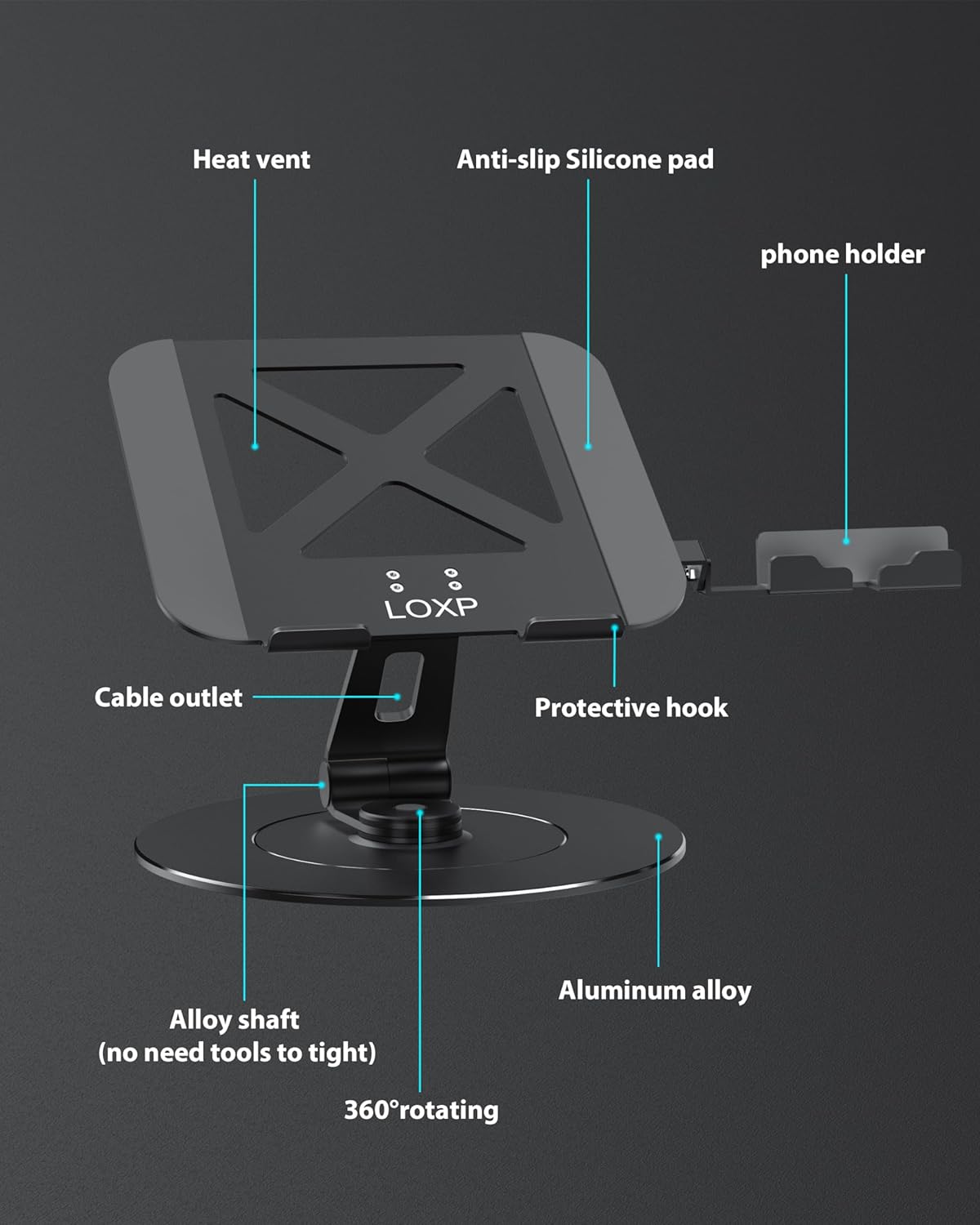 LOXP Adjustable Laptop Stand for Desk, Metal Foldable Laptop Riser, Ventilated Cooling Lectern, Ergonominc Computer Notebook Stand for Desk Compatible with 10-15.6“ Laptops