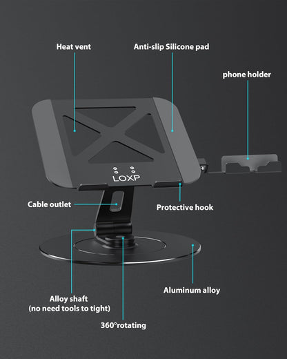 LOXP Adjustable Laptop Stand for Desk, Metal Foldable Laptop Riser, Ventilated Cooling Lectern, Ergonominc Computer Notebook Stand for Desk Compatible with 10-15.6“ Laptops