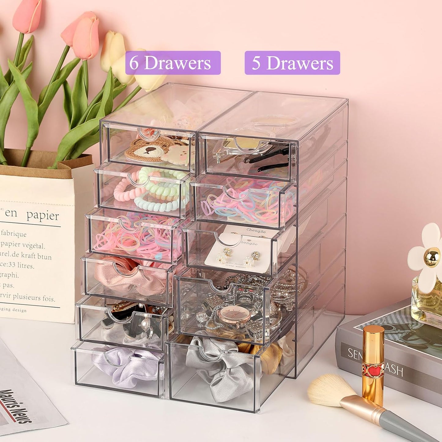 Hipiwe Plastic Drawer Organizer Clear Desktop Drawers Box with 6 Pull Out Drawer Compact Storage Box for Cabinet Vanity Bathroom Bedroom Pantry Shelf Office Closet Organization