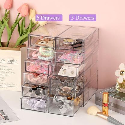 Hipiwe Plastic Drawer Organizer Clear Desktop Drawers Box with 6 Pull Out Drawer Compact Storage Box for Cabinet Vanity Bathroom Bedroom Pantry Shelf Office Closet Organization