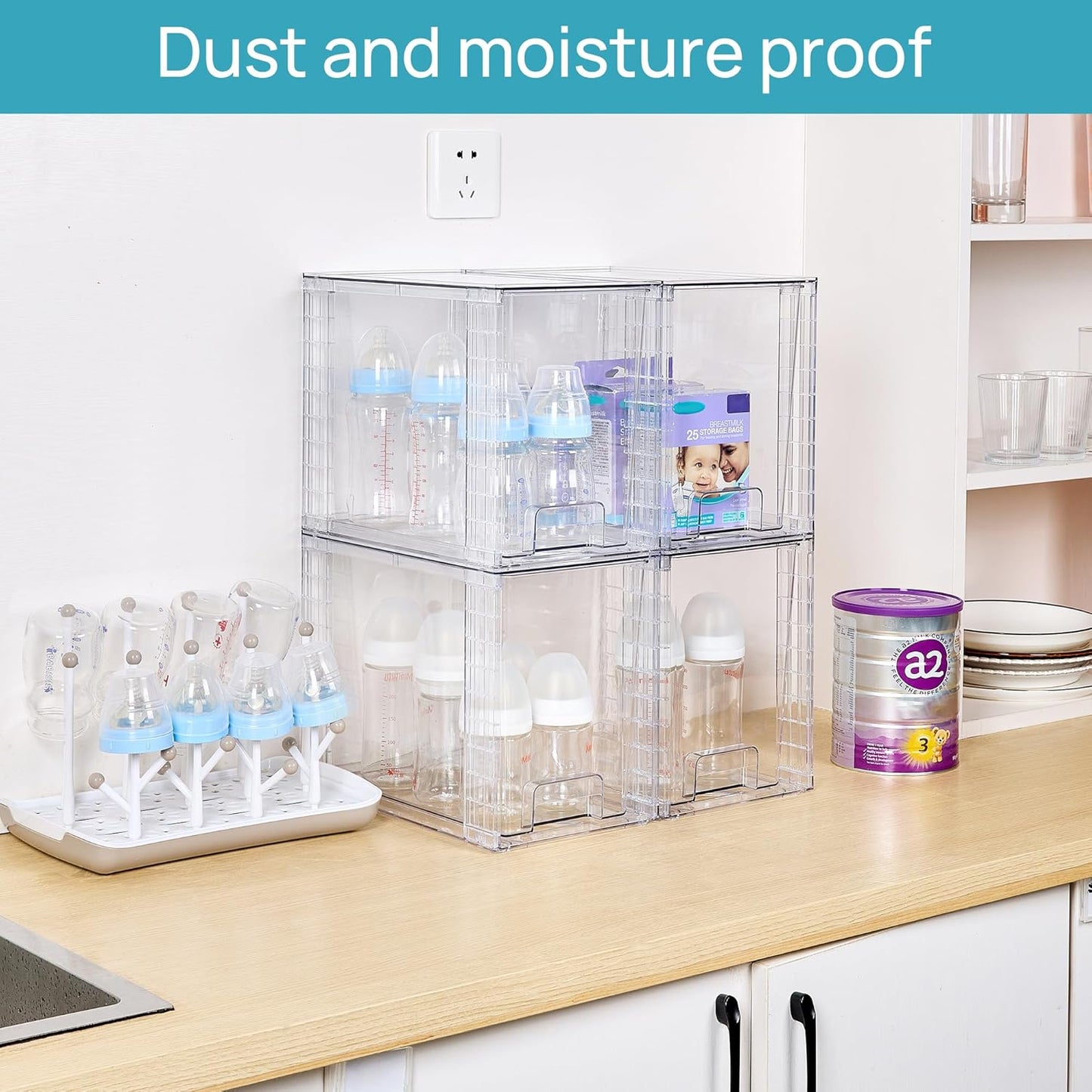 Vtopmart 4 Pack Stackable Storage Drawers,Clear Acrylic Drawer Organizers with Handles, Easily Assemble for Fridge, Bathroom,Kitchen Undersink,Cabinet,Pantry Organization and Storage