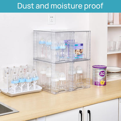 Vtopmart 4 Pack Stackable Storage Drawers,Clear Acrylic Drawer Organizers with Handles, Easily Assemble for Fridge, Bathroom,Kitchen Undersink,Cabinet,Pantry Organization and Storage