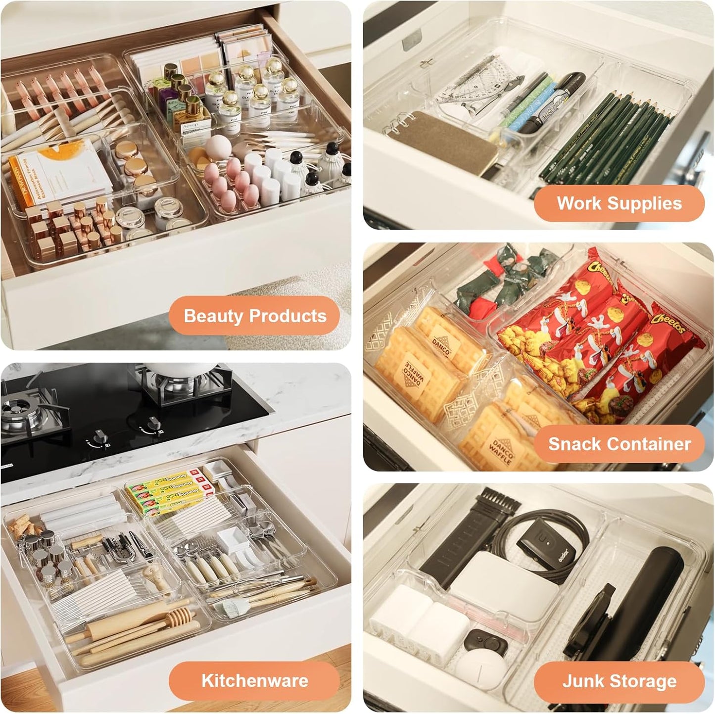 Expandable Drawer Organizer-Adjustable Shallow Tray, 11" to 19" Width,1.97" Height, Clear Plastic Storage for Bedroom, Living Room, Kitchen/Bathroom/Office/Cosmetic/Tools/Cutlery/Stationery