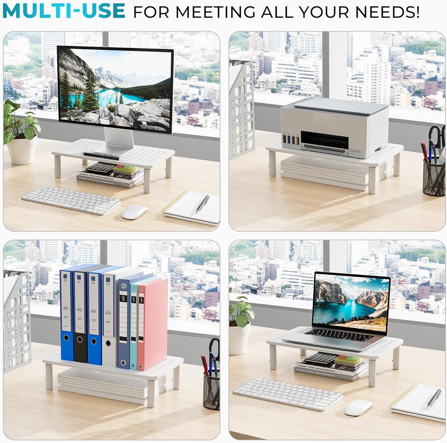 BONTEC Monitor Stand 2 Pack Height Adjustable Metal Riser with Pen Holder, Black, 14.5” x 9.1”, Ergonomic Desktop Stand for Computer, Printer, Laptop, Adjustable Desk Riser with Cable Management