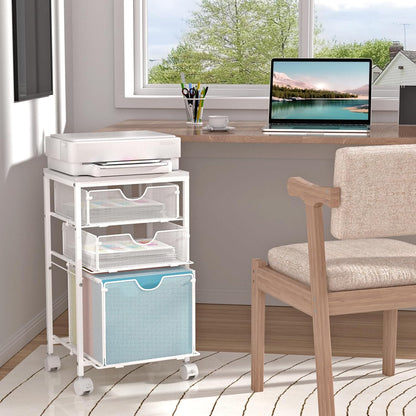 BOHDK Rolling File Cart with 3 Storage Drawers, Wood & Mesh Hanging File Folder Organizer with Wheels Under Desk, File Cabinets for Home Office, 11.81" D x 14.8" W x 25.39" H, White