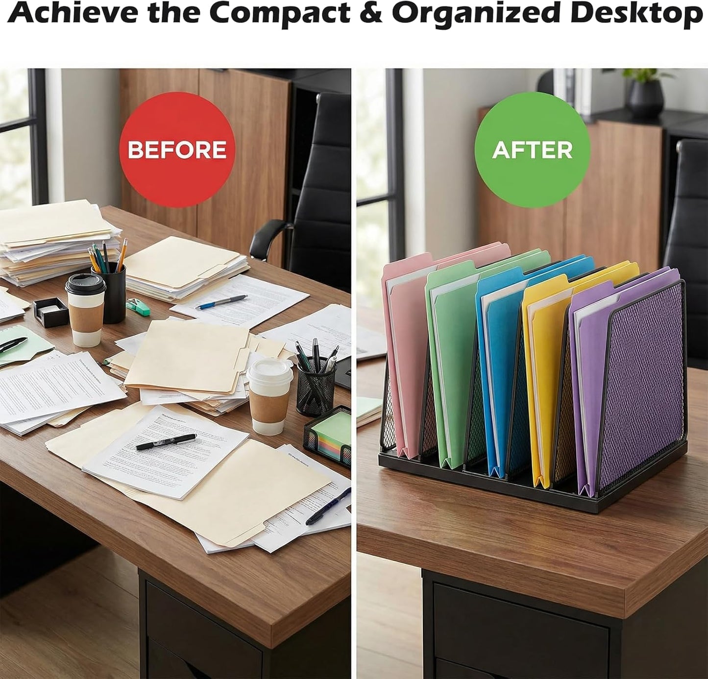 AUPSEN 5-Section Gold File Organizer for Desk, Wood Mesh Desktop File Organizer, File Sorter Storage Rack, Vertical Folder Holder for Files, Magazines, Books (Gold)