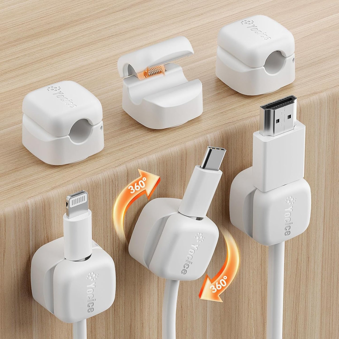 6Pack Rotatable Cord Organizer,Spring Cable Clips Desk Cable Management Cord Holder Adhesive Phone Charger Cord Clips for Home Office Car Wall Nightstand Accessories, Clear