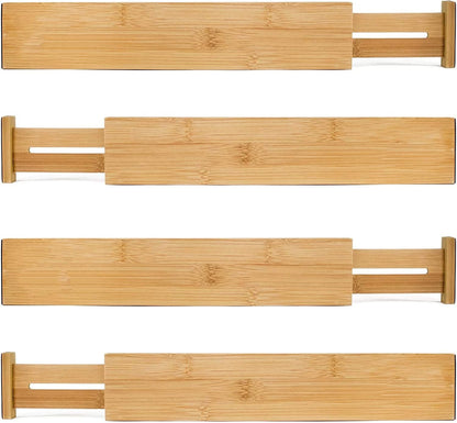 MEKBOK 4-pack Bamboo Kitchen Drawer Divider, Adjustable Drawer Storage, Spring loaded, Suitable for kitchens, Dressing tables, Bathrooms, bedrooms, Drawers, Desks