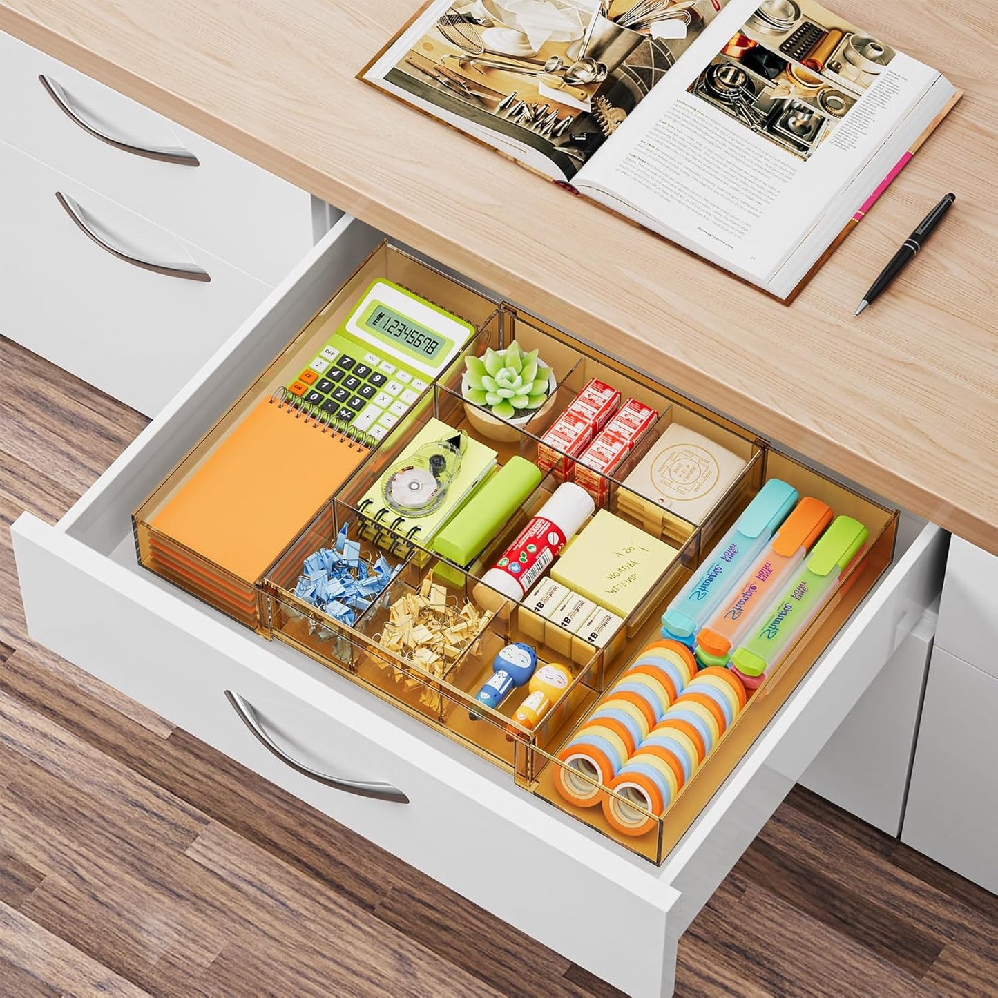 Marbrasse Expandable Desk Drawer Organizer, Clear Plastic Drawer Organizer Tray with 10 Adjustable Compartments, Desk Organizers and Accessories, 5 Drawer Dividers for Office Supplies, Makeup(Black)
