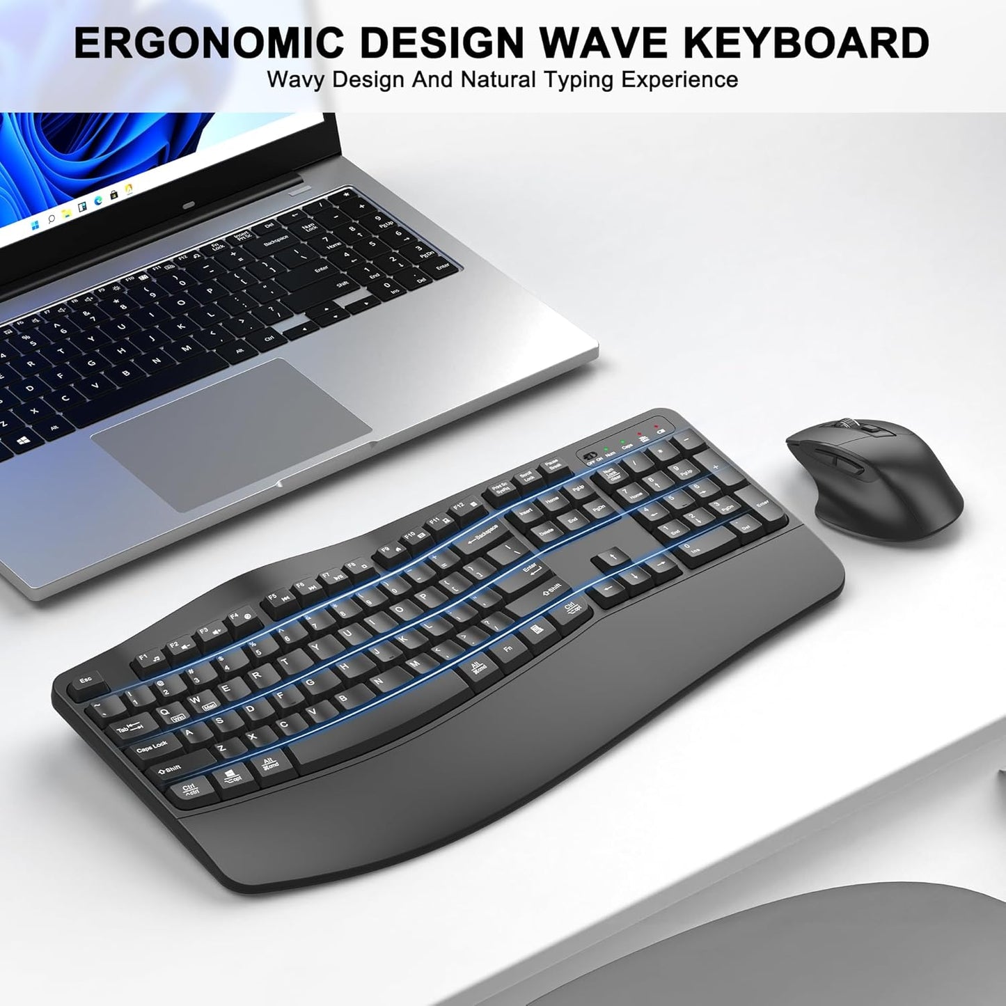 Wireless Keyboard and Mouse Combo, 2.4G Full Size Wave Keys Ergonomic Keyboard with Wrist Rest and 3-Level DPI Adjustable Wireless Ergonomic Mouse for Windows, Mac OS Desktop/Laptop/PC(Black)