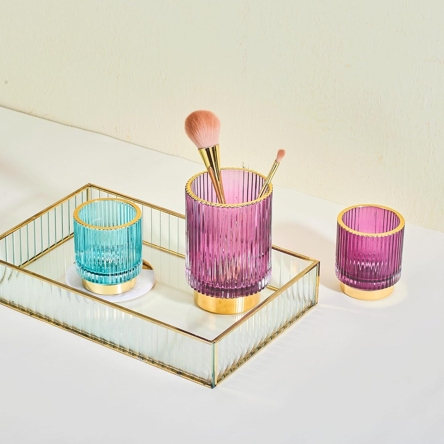 Makeup Brush Holder Organizer,Toothbrush Holders,Desk Pen Pencil Holder,Multifunctional Vintage Glass Brush Cup（L/Green/A3-6-US）