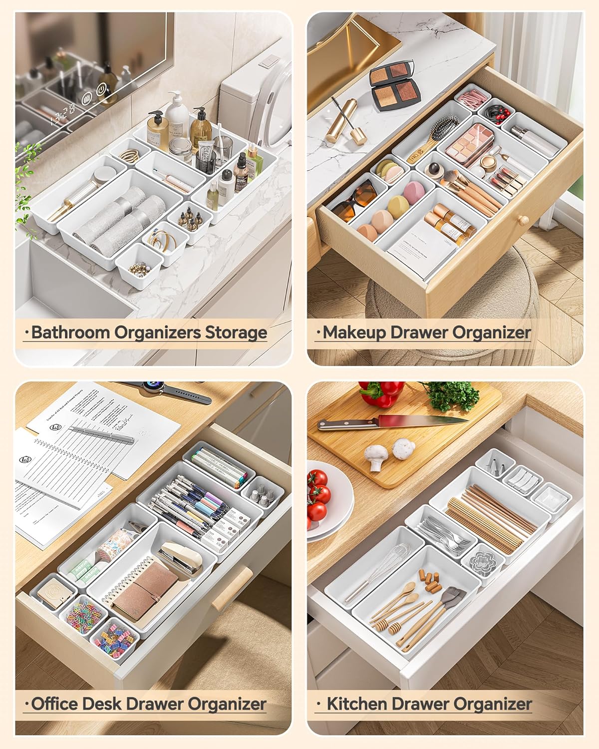 KEMETHY 25 PCS Plastic Drawer Organizers Set, 4 Sizes Vanity Organizer, Makeup and Desk Drawer Organizer Trays, Organization and Storage for Makeup, Bathroom, Kitchen Utensils and Office (Black)