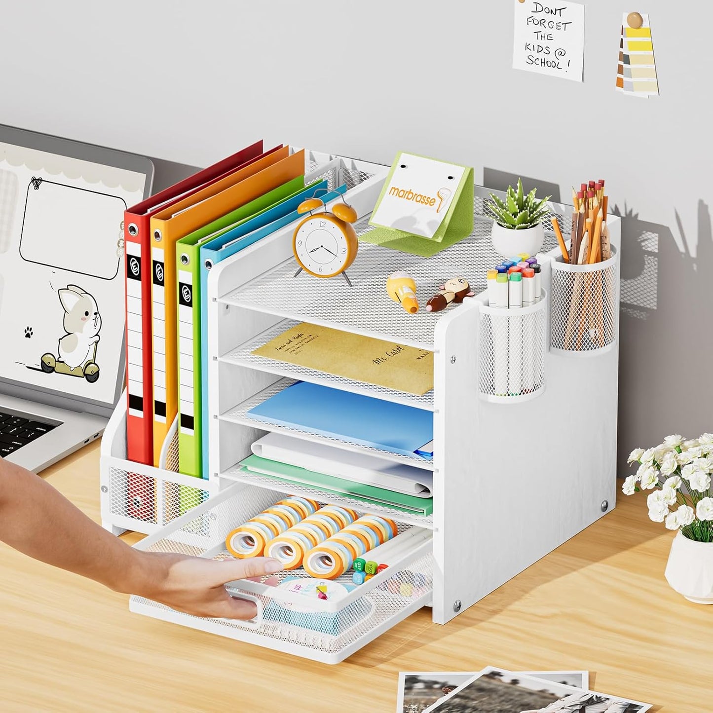 Marbrasse Desk Organizer with File Holder, 5-Tier Paper Letter Tray Organizer with Drawer and 2 Pen Holder, Mesh Desktop Organizer and Storage with Magazine Holder for Office Supplies(Black)