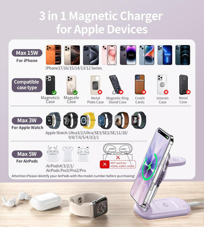 3 in 1 Magnetic Wireless Charging Station for Apple Devices, Fast Foldable Travel Mag-Safe Charger Stand with Night Light for iPhone 17 16 15 14 13 12 Series, Apple Watch/AirPods Pro, BU