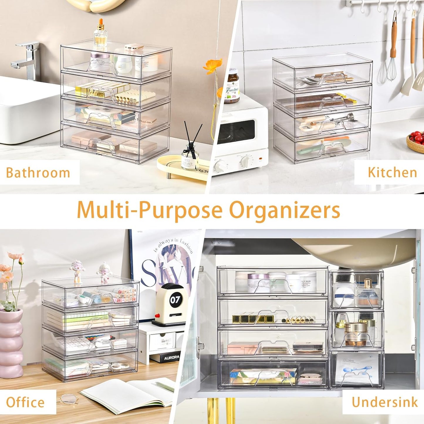 Stebopum 6 Pack Stackable Makeup Organizer, 4.4'' Tall Acrylic Bathroom Makeup Organizer and Storage Drawer with Pull-out Handle, Clear Plastic Storage Bins for Vanity,Pantry,Desk,Undersink,Kitchen