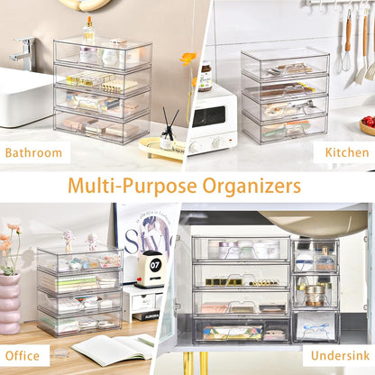 Stebopum 6 Pack Stackable Makeup Organizer, 4.4'' Tall Acrylic Bathroom Makeup Organizer and Storage Drawer with Pull-out Handle, Clear Plastic Storage Bins for Vanity,Pantry,Desk,Undersink,Kitchen