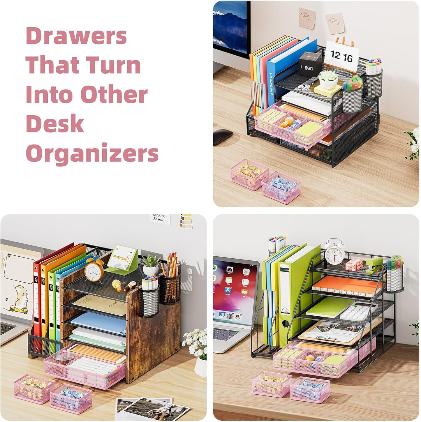 Marbrasse 3 Packs Desk Drawer Organizers, Metal Mesh Dividers Desk Drawer Organizer Tray with 9 Adjustable Compartments, Pen Organizer for Drawer Tray Box Accessories for Desktop,Kitchen, Makeup