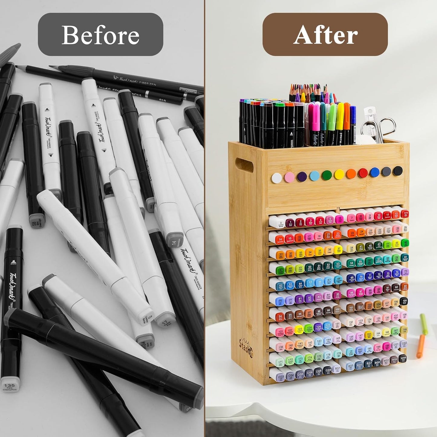 Marker Organizer for Desk - 154 Capacity Wooden Marker Holder - Ergonomic Handles - Additional Art Supply Storage Rack for 130 Alcohol Markers, Pens, and Pencils - Desktop Stand for Markers - Bamboo