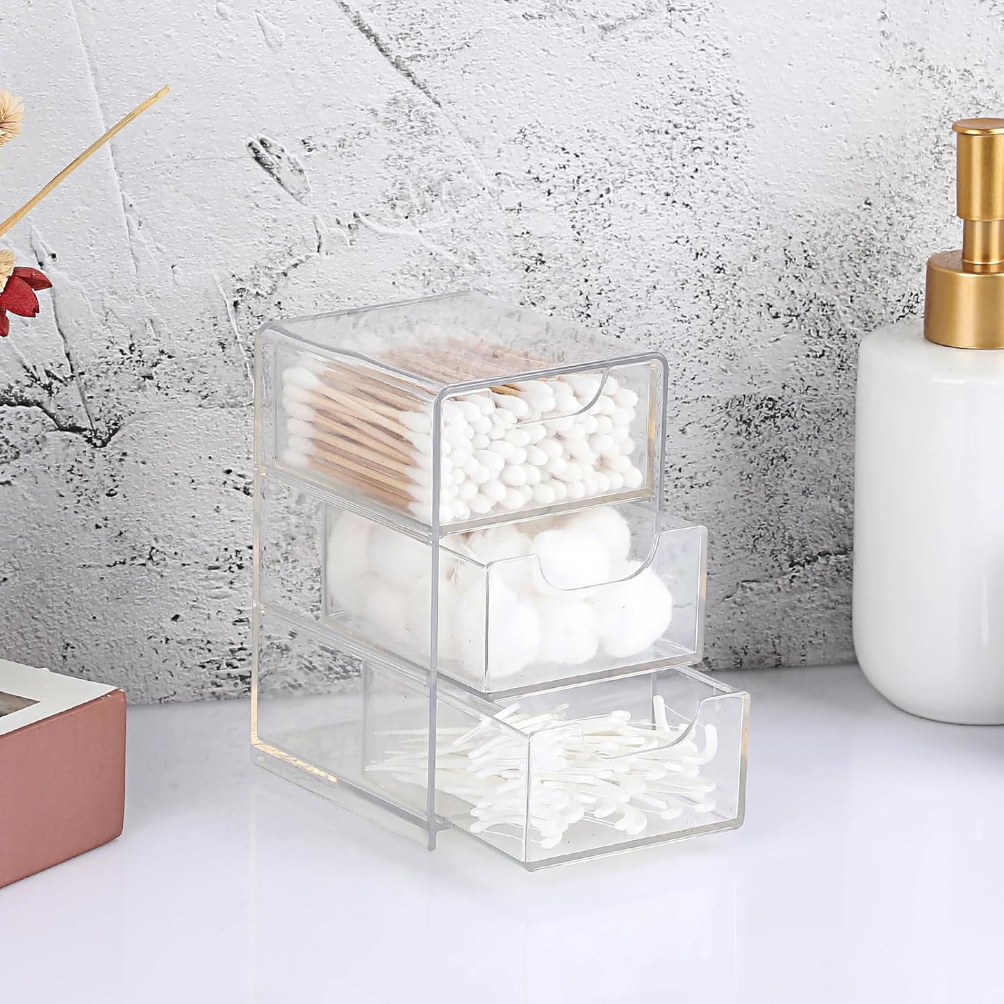 Hipiwe 2 Packs Acrylic Desk Organizer with 3 Drawers Small Display Organizer for Makeup Cotton Swabs Jewelry Clear Qtip Storage Box for Living Room Bathroom Office