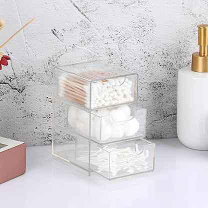 Hipiwe 2 Packs Acrylic Desk Organizer with 3 Drawers Small Display Organizer for Makeup Cotton Swabs Jewelry Clear Qtip Storage Box for Living Room Bathroom Office