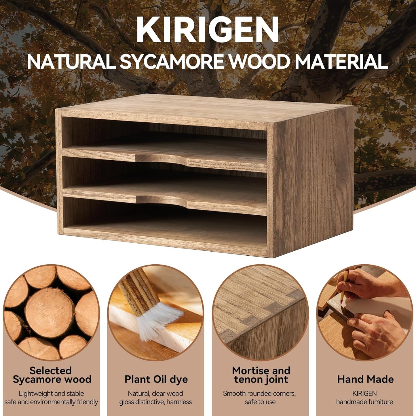 KIRIGEN Wooden Desktop Organizer Paper Storage Letter Tray File Sorter - Desk Rack Magazine File Dividers Holders for Home Office Accessories Wood Desk Cabinet with 3 Layer Trays Natural(3KWJG-NA)