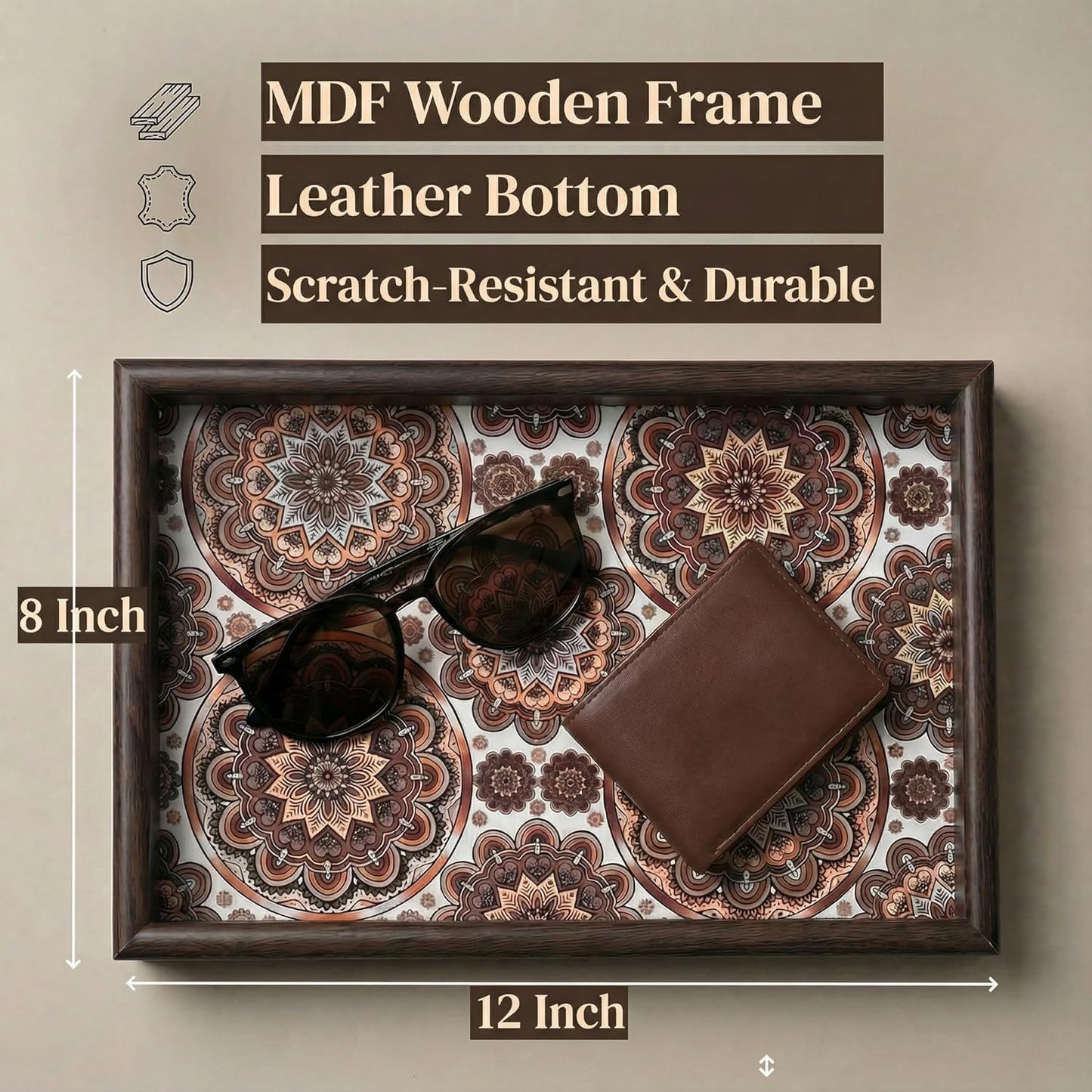 Zosenley Wooden Valet Tray with Leather Base - Nightstand Catchall Organizer for Cologne, Perfume, Keys, Wallet, Phone, Watch, Jewelry & Sunglasses (Black)