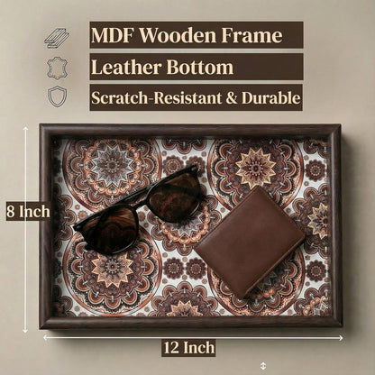 Zosenley Wooden Valet Tray with Leather Base - Nightstand Catchall Organizer for Cologne, Perfume, Keys, Wallet, Phone, Watch, Jewelry & Sunglasses (Black)
