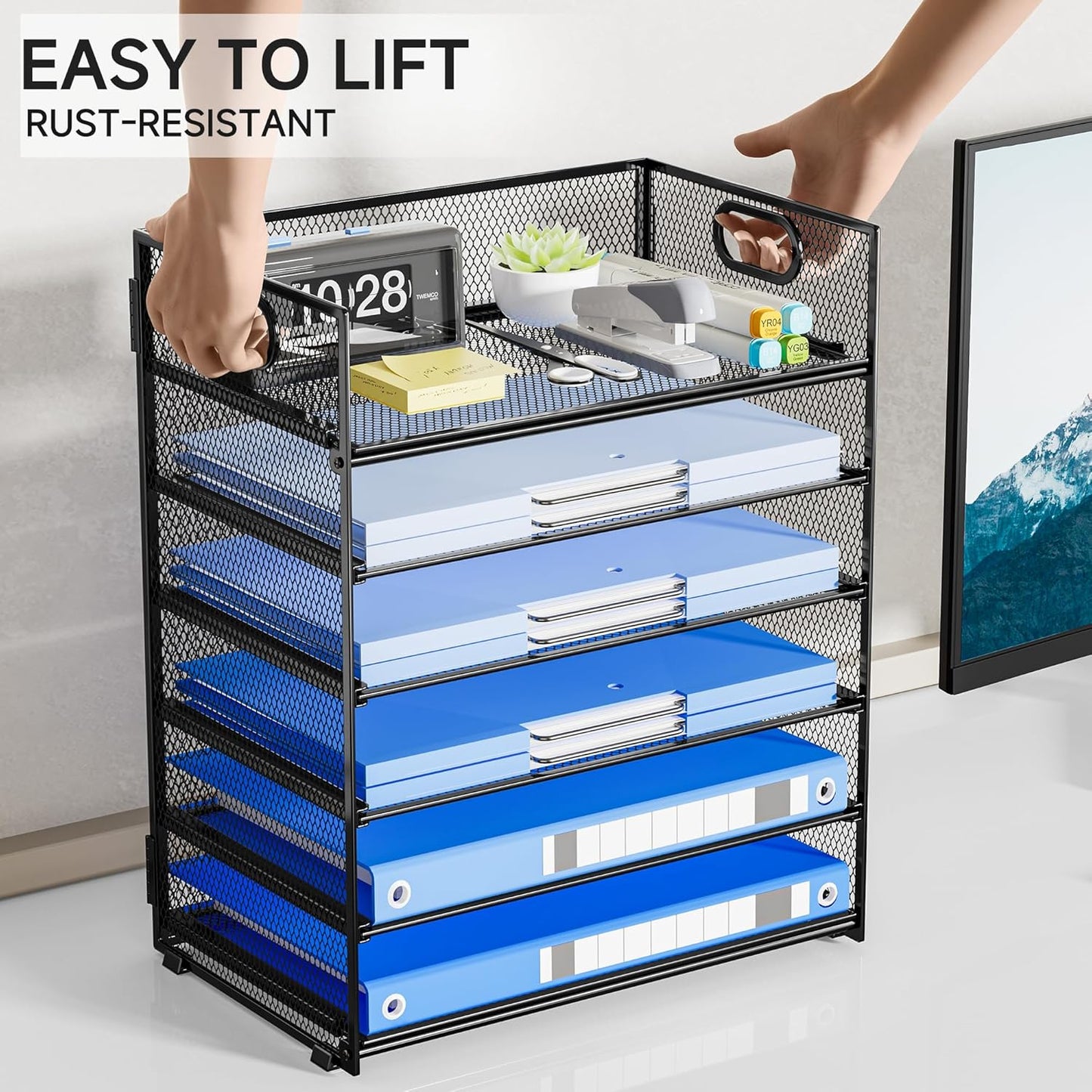 Paper Organizer Letter Tray with Handle, 5-Tier Black Stackable Desk Organizer with Metal Mesh, Sturdy Paper Tray for Office Desk, Home & Classroom Supplies Storage
