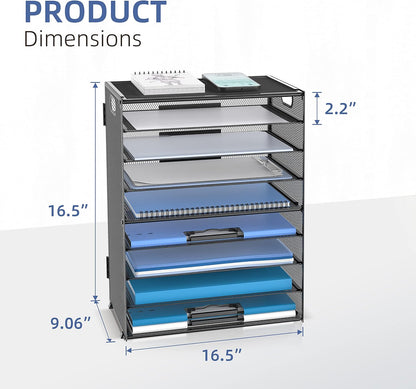 DALTACK 9-Tier Paper Organizer for Desk, Mesh Letter Tray Desk Organizer with Handles, Space-Saving File Organizer for Office Home School Classroom, Black