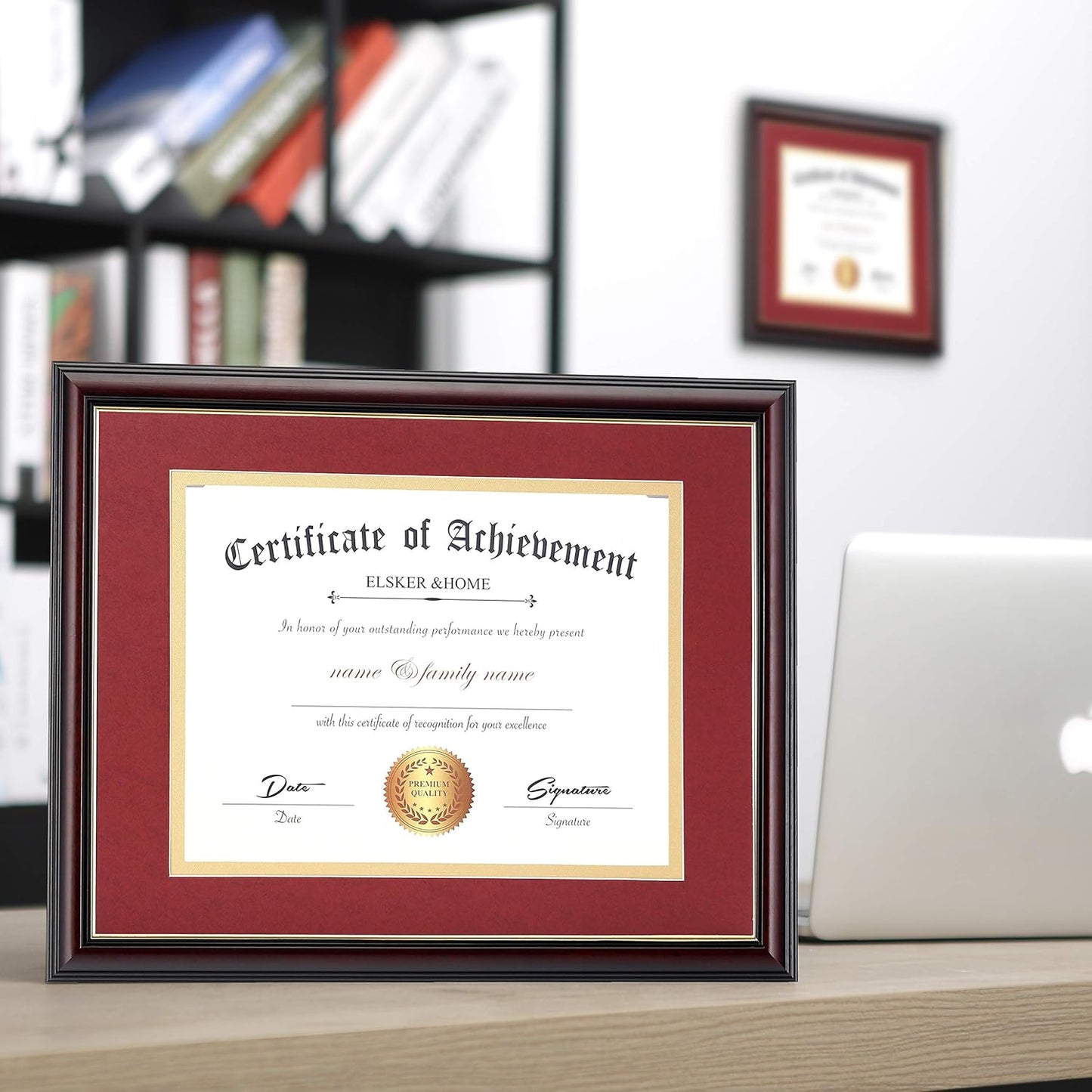 ELSKER&HOME Diploma Frame - Wide Solid Wood Frame - Black Velvet Golden Rim Mat - Semi-Tempered Glass - Includes Hanging Hardware and Desktop Easel(ONLY Display 11×14 Document/Certificate)