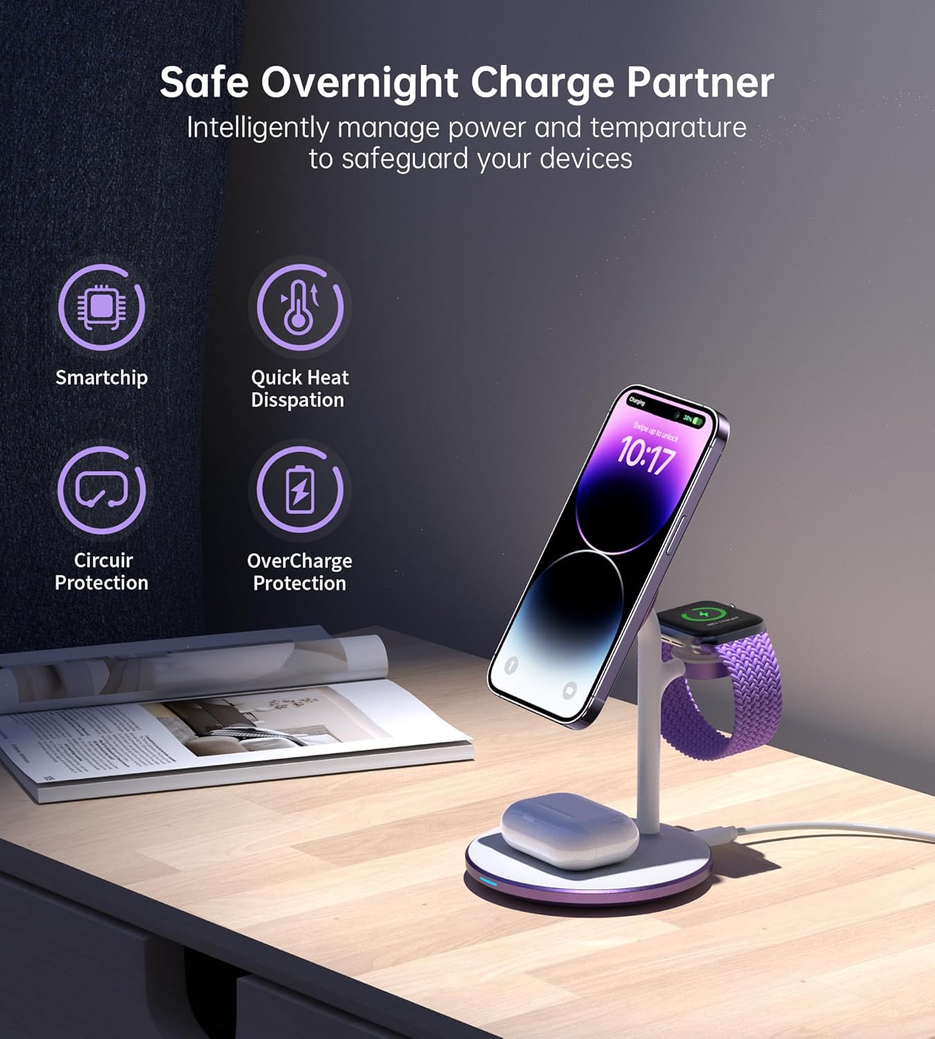 XooFly 3 in 1 Wireless Charging Station for Apple Devices, Fast Wireless Mag-Safe Charger Stand with 20W Adapter for iPhone 17 16 15 14 13 12 Pro Max/Air/Plus/Pro,iWatch,AirPods-Gift for Wife&Husband