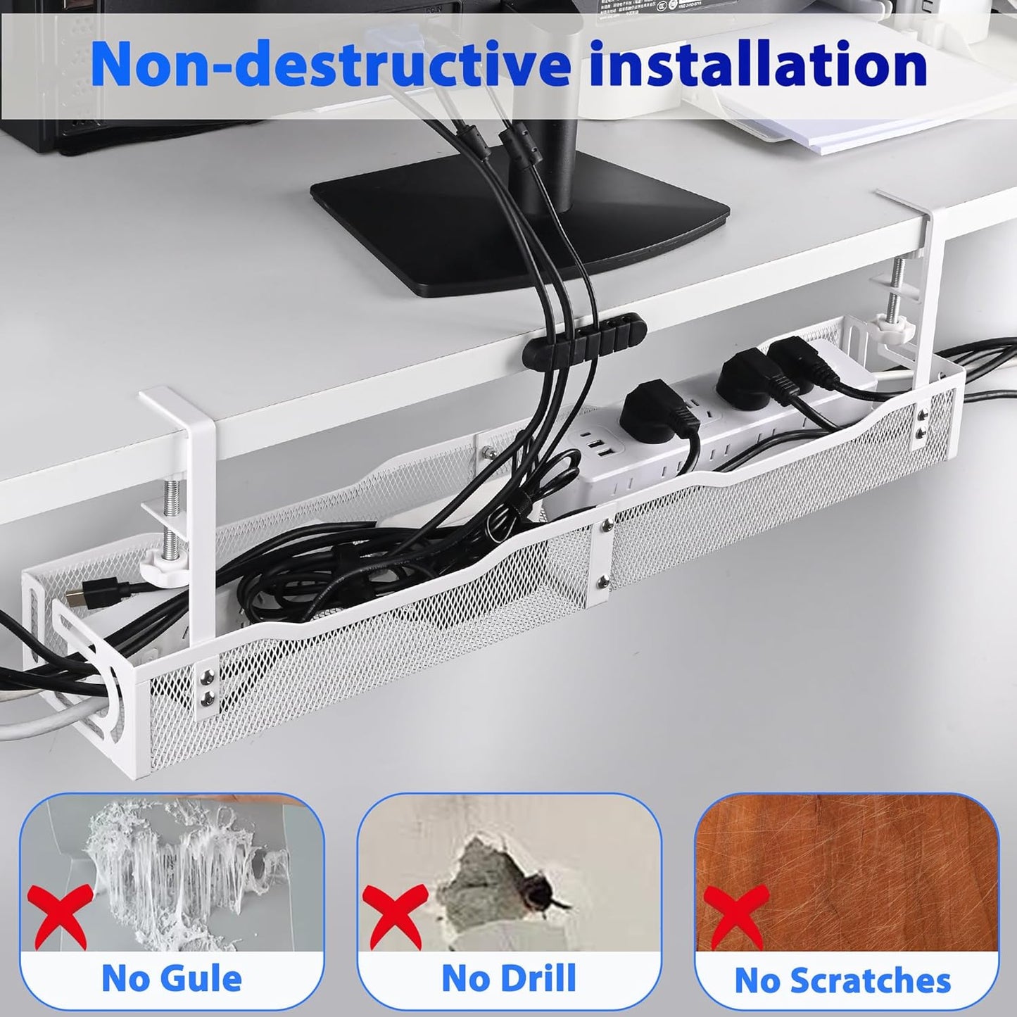 Under Desk Cable Management Box 25.3 Inch – Clamp-Mounted Cable Organizer Tray, Large Cord Management Box for Office & Home, Wire Organizer Under Desk Storage, White