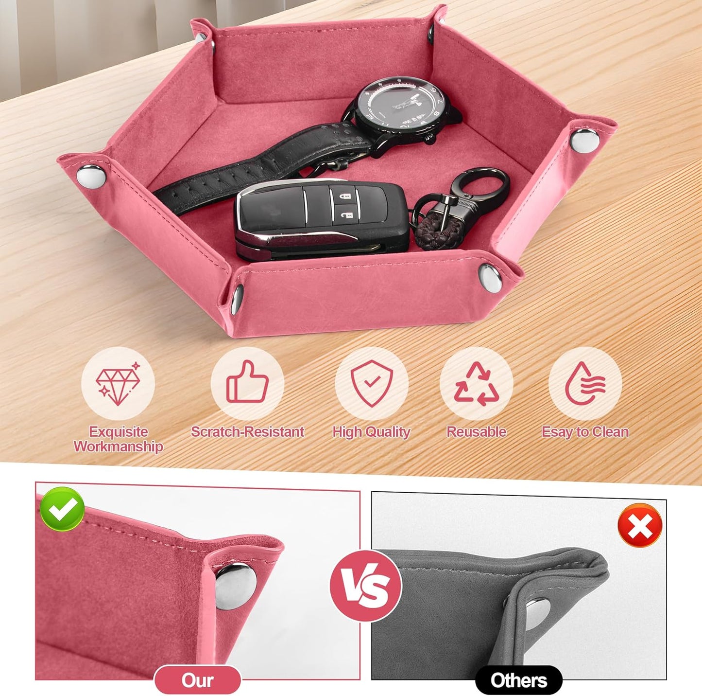 Deluxe Leather Tray Desktop Storage Organizer Watch Remote Control Jewelry Cell Phone Wallet Keychain Desktop Storage for Home, Camping Unique Gift Ideas for Men and Friends