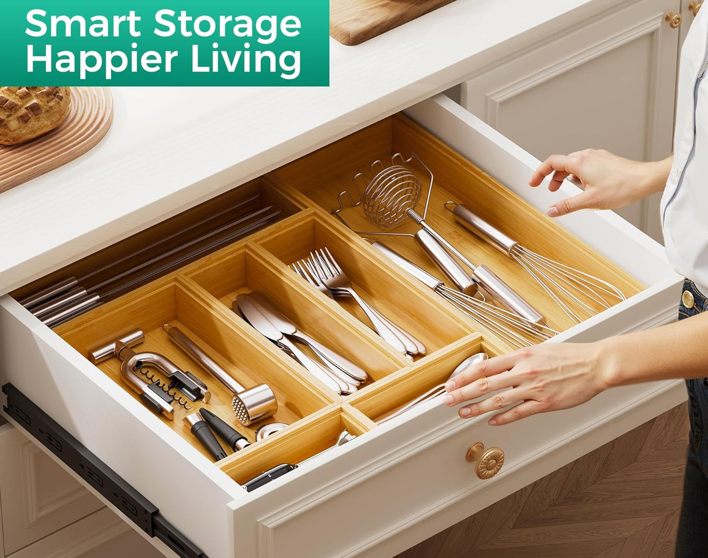 Bamboo Kitchen Drawer Organizer Set of 2, Stackable 15" x 6" Wood Silverware Utensil Tray for Drawers Bins, Cutlery & Flatware Storage – Wooden Boxes Organizers for Junk Drawer, Bathroom, RV