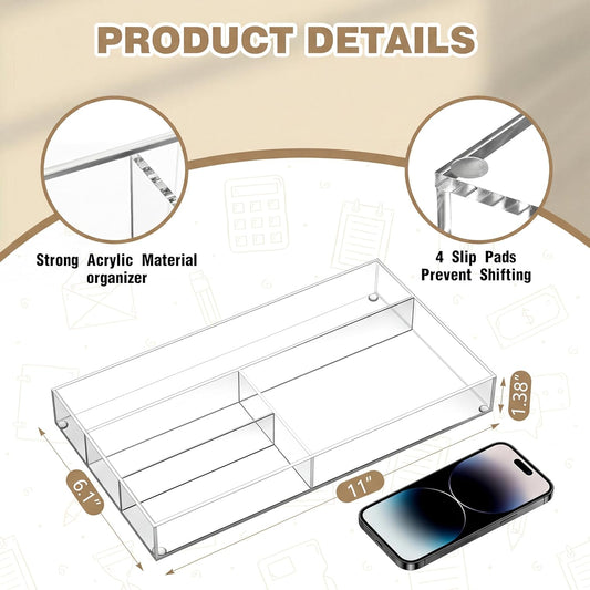 Briwooody Clear Acrylic Desk Drawer Organizer 11 x 6.1 x 1.38 Inch Storage Tray Organizer for Pens, Stationery, Desktop, Office, Bathroom, Kitchen, Makeup Supplies (6 Compartments)