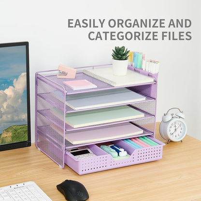 LEKETREE Desk Organizers and Accessories, 5-Tier Paper Letter Tray Organizer with File Holder, Desktop Organizer for Office Supplies (Black)