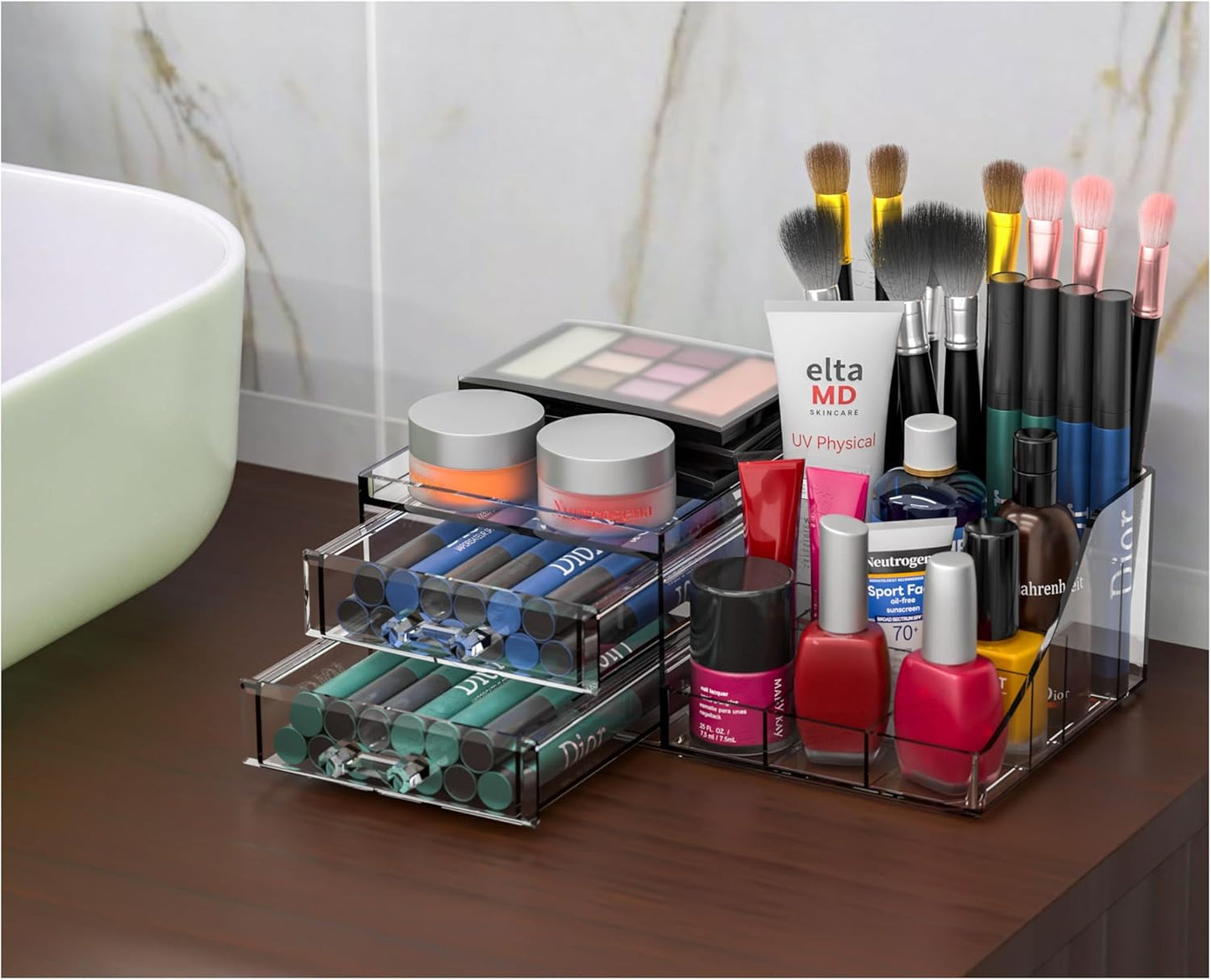 Acrylic Clear Makeup Organizer Countertop,Stackable Skincare Organizer for Vanity With 8 Drawers,Large Plastic Desk Accessories Organization,Bathroom Cosmetic Organizer Countertop for Beauty,Skin Care