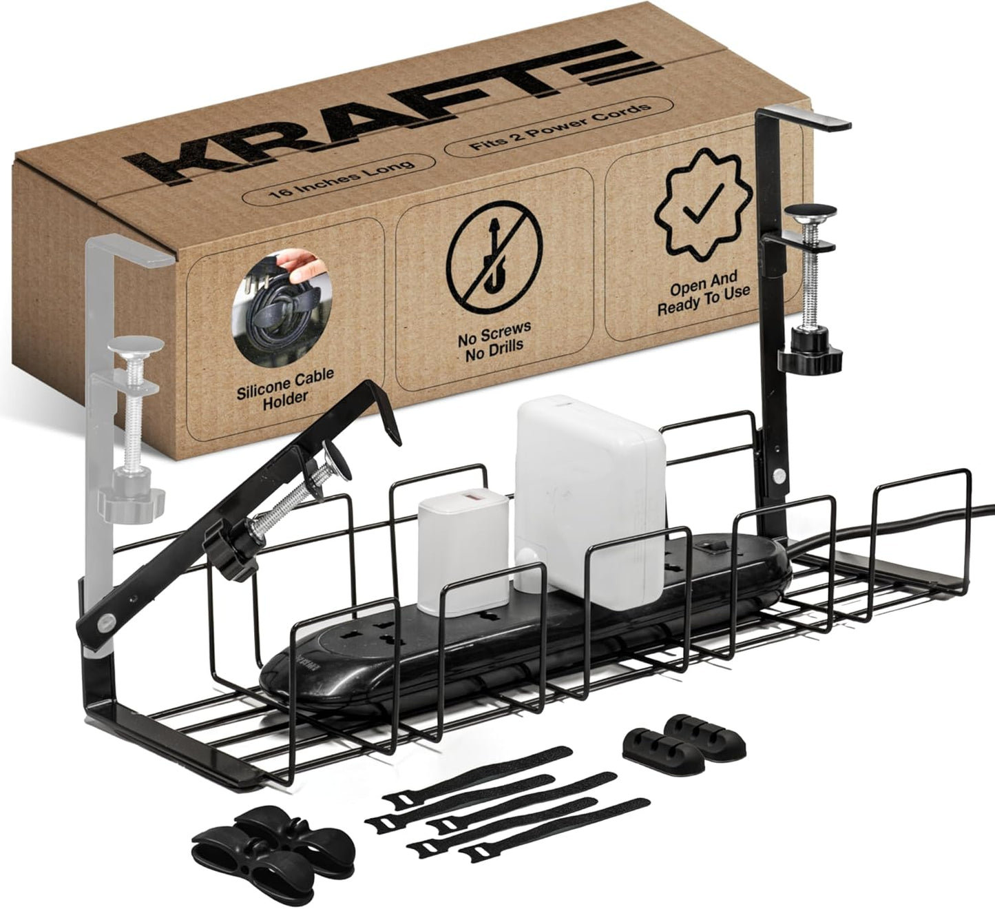 Under Desk Cable Management Tray - 16” No Screw Ready to Install - Hanging Basket Box for Wire Management - Sturdy Desk Cable Tray Organizer fits Two Power Cords - Ideal for Home & Office - 11pc Set