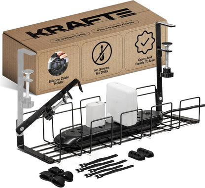 Under Desk Cable Management Tray - 16” No Screw Ready to Install - Hanging Basket Box for Wire Management - Sturdy Desk Cable Tray Organizer fits Two Power Cords - Ideal for Home & Office - 11pc Set