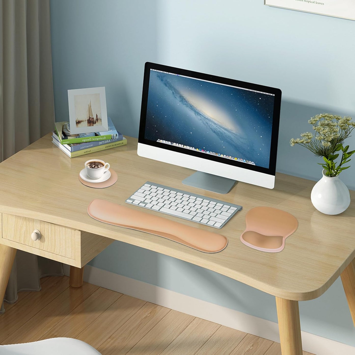 Wrist Rest Support for Mouse Pad Keyboard Set Circle Coaster Gaming Mouse Pad Ergonomic Gel Memory Foam Set for Computer, Laptop, Office, Pain Relief, Comfortably Typing Flowers KM-39
