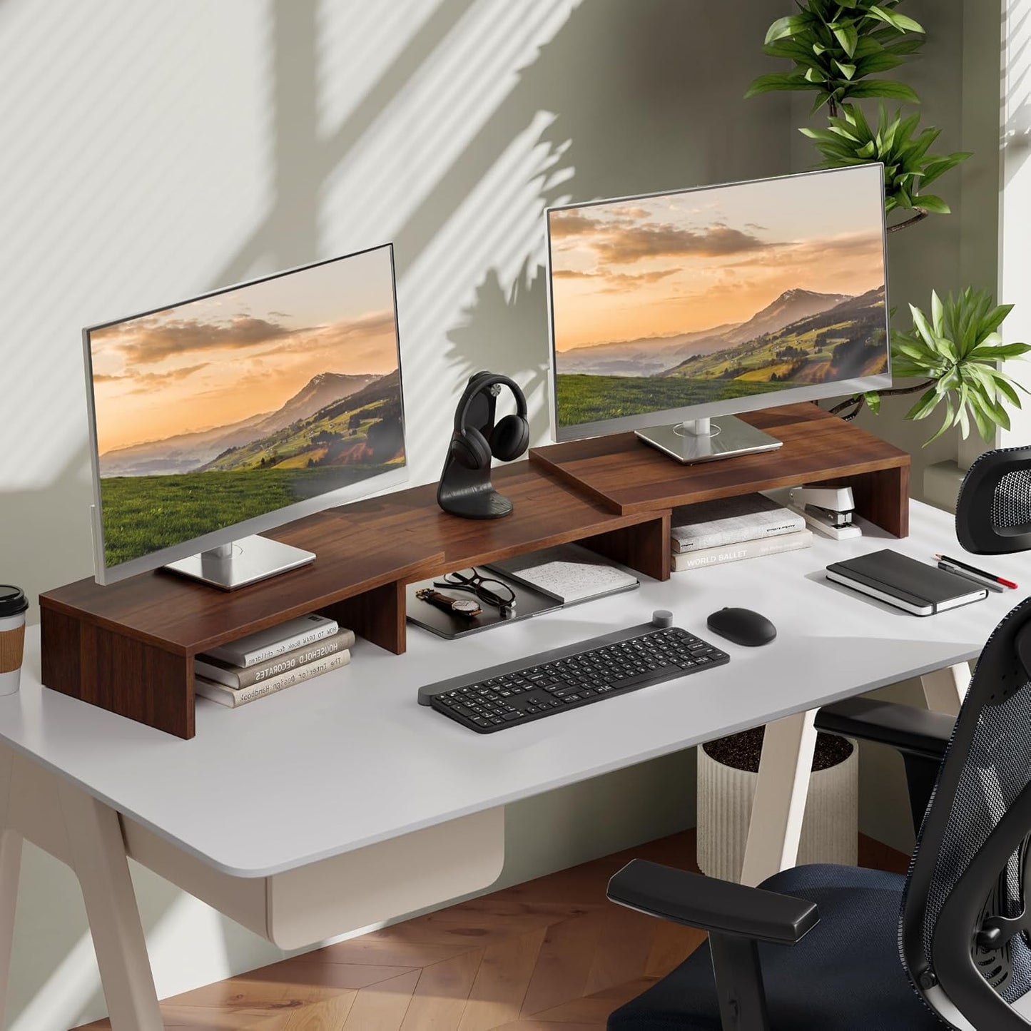 FITUEYES Dual Monitor Stand – 3 Shelf Computer Monitor Riser, Wood Desktop Stand with Adjustable Length and Angle, Desk Accessories, Office Supplies Medium Black,DT108001WB