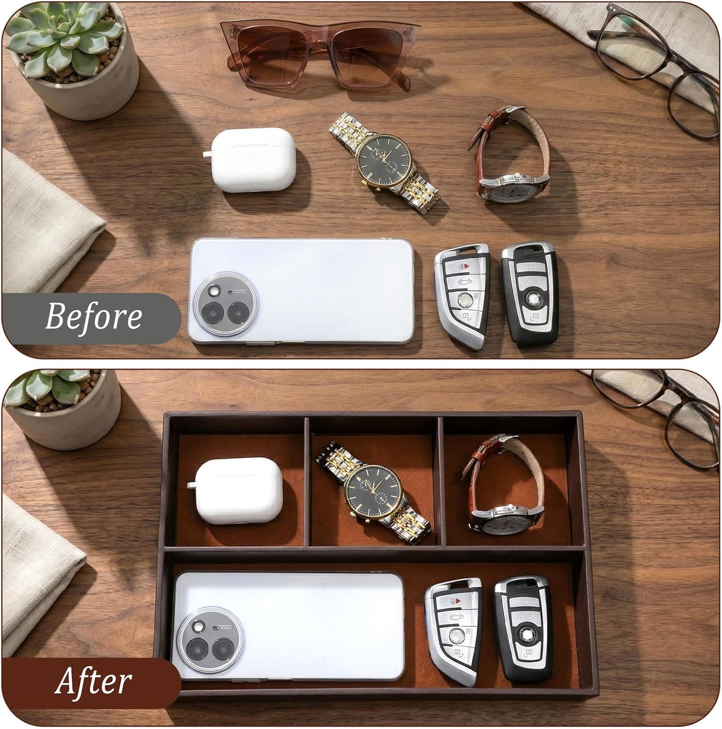 2 Pack Leather Valet Tray for Men - Premium PU Leather Desk & Nightstand Organizer, Stackable Storage Tray for Keys, Wallet, Watch, Phone, Jewelry in Black & Brown