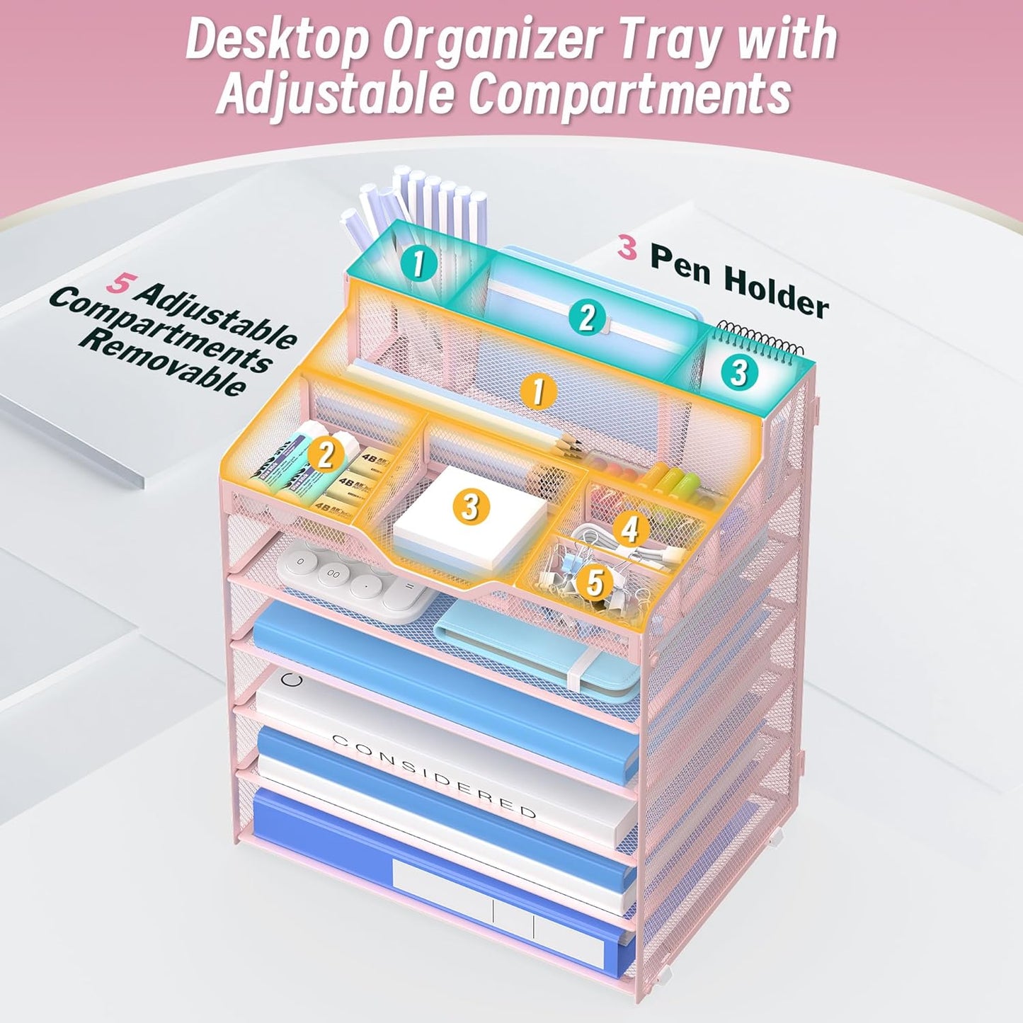 5 Tier Mesh Desk Organizer,Multi Functional Letter Paper Tray with 3 Pen Holders and 5 Adjustable Storage Compartments for Office Supplies Files and Mail Space Saving Desktop Organizer-Black